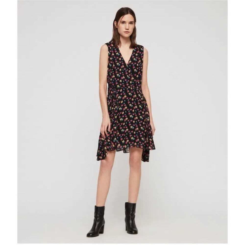 Allsaints Women Miller Kukio Floral Black Sleeveless Dress Size 4